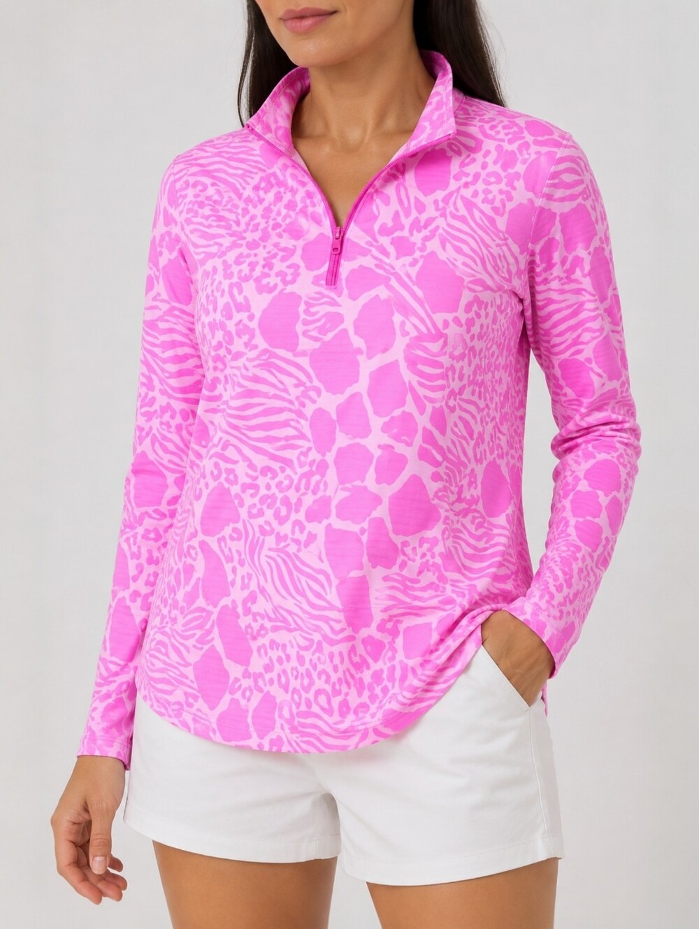 IBKUL Bianca Pink Animal Print UPF 50+ Mesh Panel 1/4 Zip Golf Tennis Top M